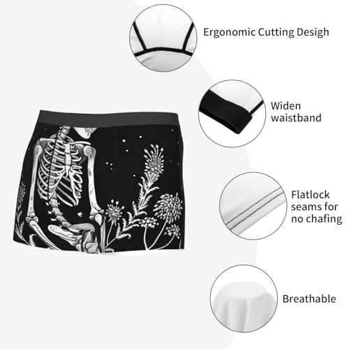 Vintage Black White Plant Skull Print Boxer Briefs For Men Breathable Underwear-4