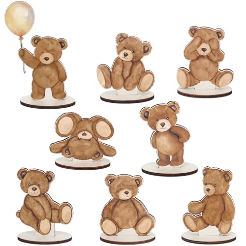 JarThenaAMCS 8Pcs Brown Bear Wooden Centerpieces Baby Shower Table Decoration Cute Watercolor Bear Wood Cutouts for Nursery Decor Birthday Gender Reveal Party Supplies