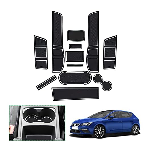 GAFAT Seat Leon Cupra Leon 5F FR ST 5D MK3 2017 2018 2019 halkfria mattor, Seat Leon MK3 gummimattor för mittkonsol armstöd, mugghållare, dörrsöm (vit)