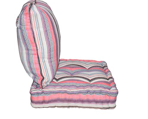 Image of Woven Quilted Floor Cushion Set 50x50x10 CM Multi Stripe with Fillers & Back Cushion, Large Size for Seating, Patio Seat, Meditation, Yoga, Pooja, Guests, Living 20x20x4 Inch