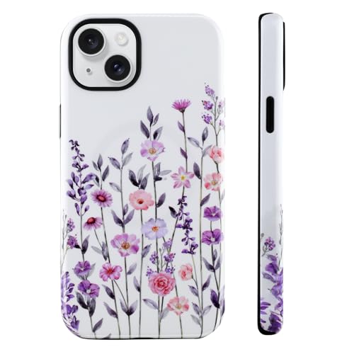 Image of Magnetic for iPhone 15 Plus Case for Women Girl, Floral White | Stylish Flower Pattern Design [Compatible with MagSafe] 2-Layer Hybrid Shockproof Glossy Protective Cover
