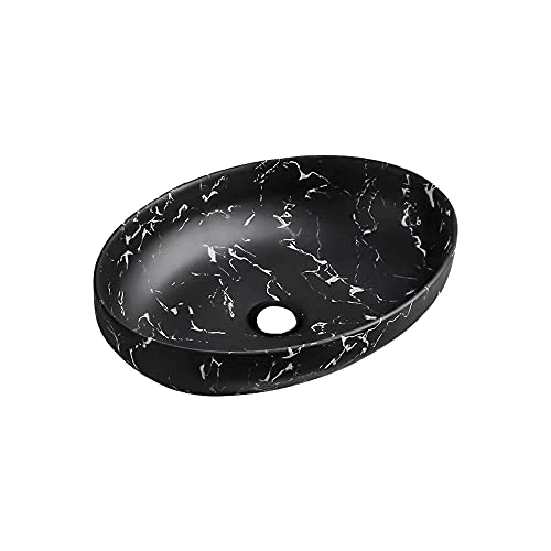 Black Vessel Sink - Lordear 20 Inch Bathroom Sink Above Counter Oval Shape Marble Black Porcelain Ceramic Bathroom Vessel Vanity Sink Art Basin
