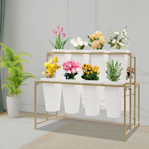 Support métallique à 3 niveaux mobile avec seaux étanches pour fleurs et plantes