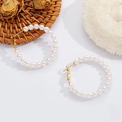 Pearl Hoop Earrings For Women Small Pearl Hoop Earrings,14K Gold Plated Lightweight Open Large Circle Round Pearl Earrings Jewelry Birthday Gift For Women Girls #TOP6