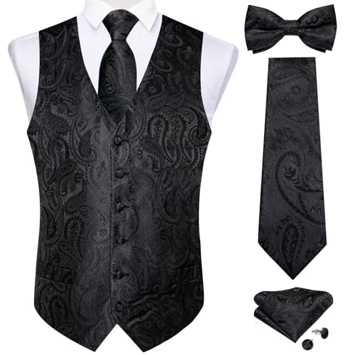 Men’s Paisley Formal Vest Set Suit Waistcoat with Necktie, Bow Tie, Pocket Square & Cufflinks for Wedding,Tuxedo2