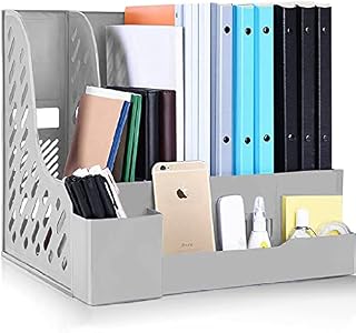 Lemical Desktop File Magazine Organizer 4 Compartments Plastic File Holder Desktop Magazine Storage Rack Sturdy A4 Documents Organiser File Dividers School Office Supplies (Gray with Pen Holder)