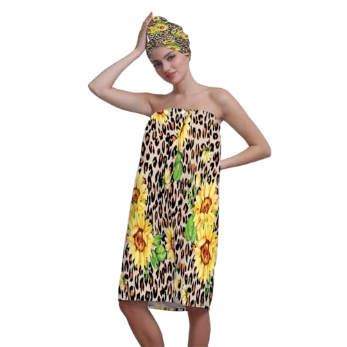 Surwin Falda Escocesa para Sauna Mujer con Toalla Pelo, Albornoz Ducha Mujer con Toalla Pelo Microfibra Suave y Absorbente Falda de Baño Usable para Sauna SPA Ducha (Girasol 6)