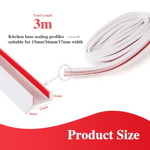 SWAWIS 1.7cmx3m Sockelprofil Sockelblendenprofil Weiß, Abdichtungsprofil für Küchensockel Silikon, Sockelleiste Küche für 15mm 16mm 17mm Holzstärke, Wind- und Staubdicht