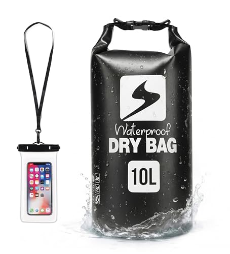 Image of Soulsfeng Waterproof Dry Bag Backpack, Roll Top Floating Dry Storage Bag with Phone Case, Lightweight Dry Sack for Kayaking, Boating, Beach, Travel, Camping 10L, Black