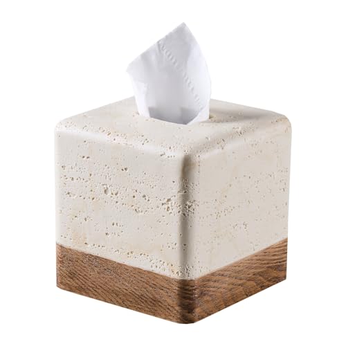 Natural Travertine Match Wooden Square Tissue Box Cover Decorative,Resin Heavy Sturdy Tissue Box Holder, Facial Paper Holder for Bathroom Vanity Countertop, Bedroom Night Stand,Office and End Table