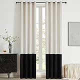 BULBUL Cream Black Color Block Window Curtains Panels 96 inches Long Velvet Farmhouse Drapes for Bedroom Living Roomm Darkening Treatment with Grommet Set of 2