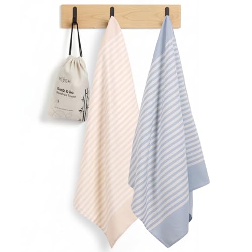 Image of Mush Travel Towel | 100% Bamboo Bath Towel for Beach, Hiking & Gym Towel for Men Workout | Quick Dry & Compact Towels with Travel Bag | 60x120 cms, 250GSM | Pack of 2 (Muted Blue & Beige)