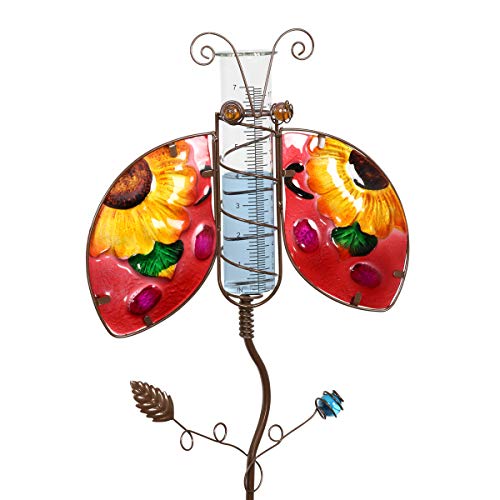 Exhart Red Ladybug Rain Gauge Garden Stake, Durable Glass/Metal, Cute Outdoor Garden Decor, 13"X35" #TOP6