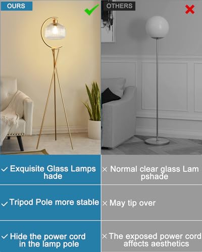 Image of Lightdot Tripod Floor Lamp for Living Room, Gold Standing Lamp with Clear Glass Lampshade, Farmhouse Tall Lamp for Bedroom, Arced Reading Light for Home Office /Sofa Beside /Corner Decor(Bulb Included)