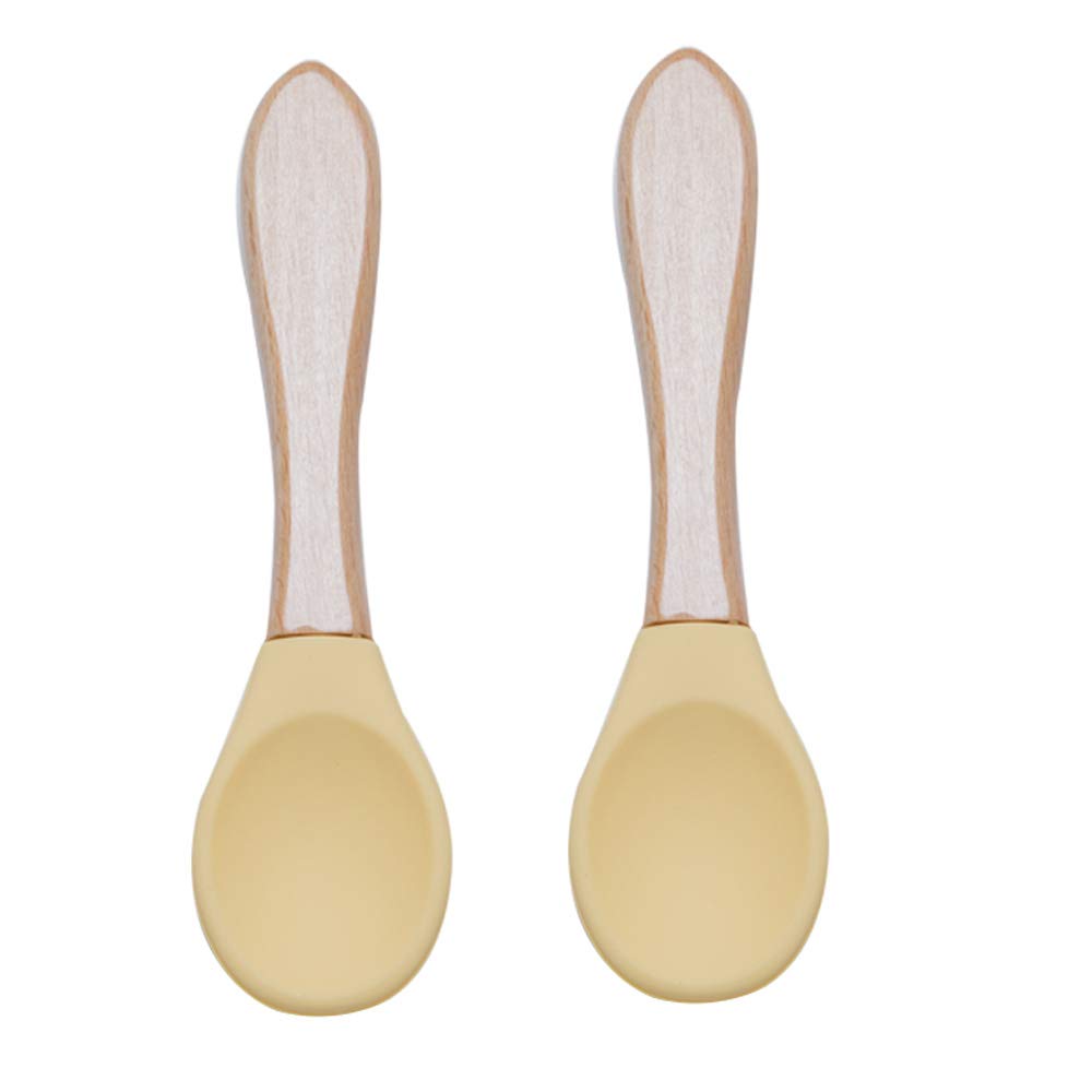 Amazon Wooden Teether 離乳食スプーン 2本入 シリコン製 ベビー用食器 赤ちゃん用 幼児用 握りやすい おでかけに便利 木製持ち手 出産祝い ギフト 誕生日プレゼント 人気 おしゃれ イエロー ベビー マタニティ ベビー マタニティ 通販