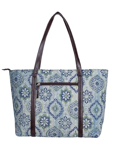 Image of NEPRI Oversized Office Tote Bag | Stylish Tote Bags | Purse for Women | Vegan Leather & Hanblock Printed Fabric Handbag with Double Handle Shoulder Strap| Daily & Travel Use
