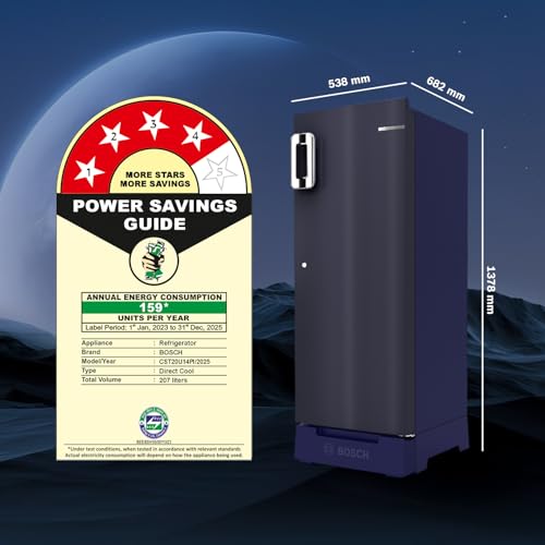 Image of Bosch 207L 4 Star Inverter Direct-Cool Single Door Refrigerator (CST20U14PI, Dark Lake, Base Stand with Drawer & Saperator)