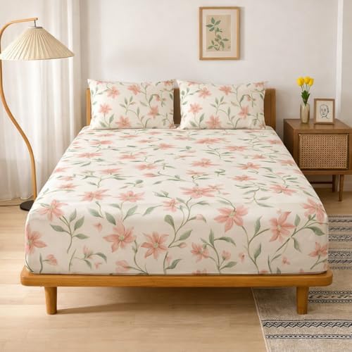 Image of Cotton Elastic Fitted Bedsheets with 2 King Size Pillow Covers Double Bed with All Around Elastic Supersoft Size - 72 King Sizex78+8 inches Color - Peach Blossom