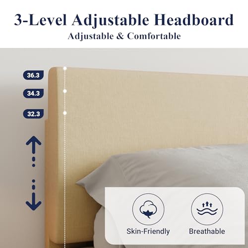 Allewie Queen Size Bed Frame with Adjustable Headboard, Upholstered Platform Bed with Wood Slats, Heavy Duty Mattress Foundation, No Box Spring Needed, Noise-Free, Easy Assembly, Beige