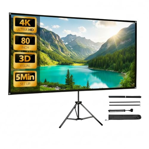 Image of 80 Inch Projector Screen with Stand, Portable 4K HD PVC Projection Screen, Tripod Projector Screen with Carrying Case for Indoor&Outdoor Movie Night, Wrinkle-Free,16:9