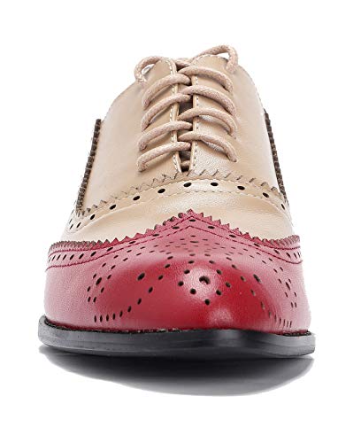 U-Lite Women's Perforated Lace-Up Wingtip Multicolor Leather Flat Oxfords Vintage Oxford Shoes Red Brown-Dq22 8.5 #TOP1