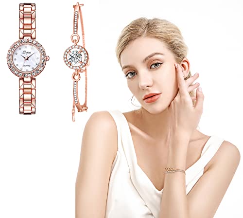 Womens Watch Gifts Set with Bracelet Rose Gold for Lady Female Elegant Luxury Wrist Watches Ladies Stylish Bracelet Watches