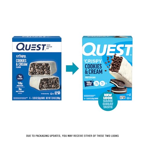 Image of Quest Nutrition Crispy Cookies & Cream Hero Protein Bar, 18g Protein, 1g Sugar, 3g Net Carb, Gluten Free, Protein Snack, Keto Friendly, 4 Count