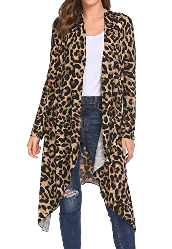 Meaneor Leopard Women Long Cardigan Casual Long Sleeve Asymmetric Lightweight Long Open Front Duster Leapord-Print S #TOP30