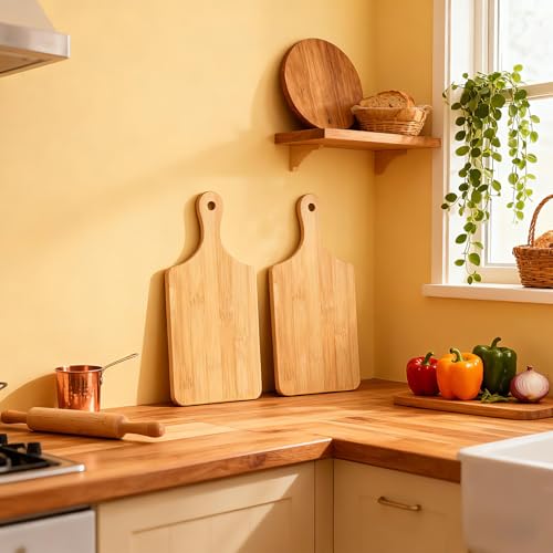 8 piezas tabla de cortar rectangular de bambú con mango miniatura 4