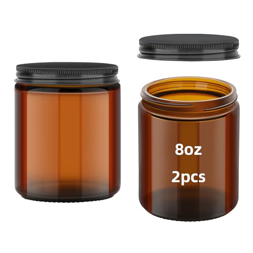 2Pcs 8oz Glass Jars with Lids, Empty Round Jars Amber 250g Empty Round Cosmetic Containers for Sample, Powder,Body Butter,Cream, Lotion, Spice (2)