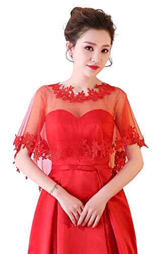 Lifup Chal de Encaje de Boda para Mujer Manton Bordado en Flores para Fiestas, Ceremonias, Bodas Rojo