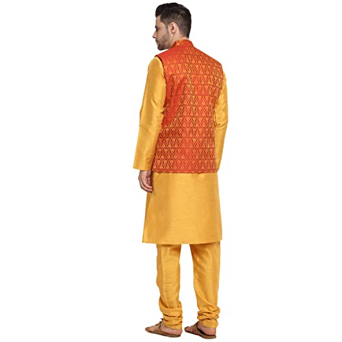 Image of KRAFT INDIA Mens Gold Silk Blend Kurta and Churidar Set With Jacquard Paisley Nehru Jacket