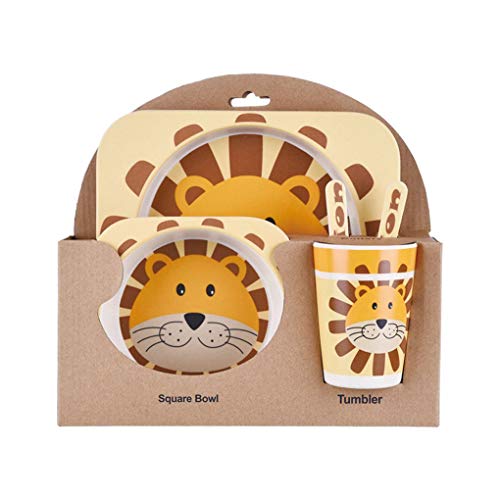 Lorsoul 5Pcs / Set Enfants Vaisselle, Fibre de Bambou Naturel, Lion, Cuvette de bébé Vaisselle Enfant en Bas âge Coupe Fourchette cuillère