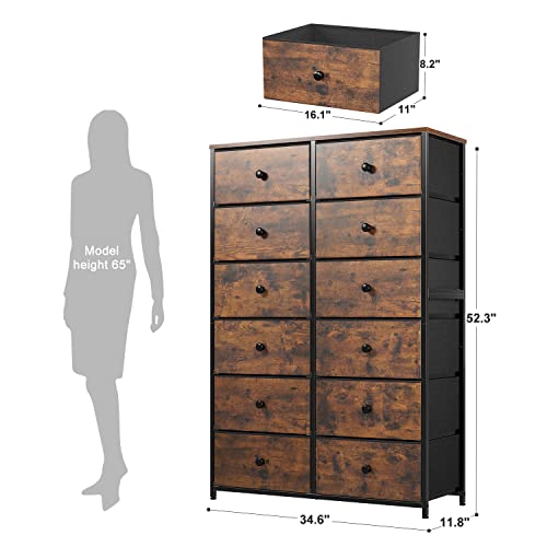 Enhomee 12 Drawer Dresser, Tall Dressers For Bedroom, Large Fabric Dressers & Chests Of Drawers For Bedroom Living Room Closet Dresser With Wood Top And Metal Frame, Rustic Brown, 34.6"Wx11.8"Dx52.3"H #TOP2