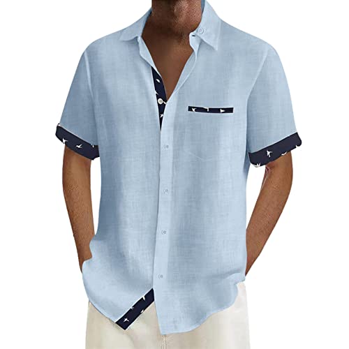 Foweknow Camisas de hombre de manga corta vintage hawaiana para hombre, tallas grandes, camisas informales, camisa de verano, transpirable, monocolor, cuello alto, corte regular, camisa de trabajo