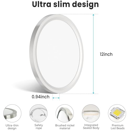 Image of libtit 12 inch Flush Mount LED Ceiling Light Fixture, 3000K 4000K 6500K Adjustable, 28W 3200lm Brushed Nickel Satin Round Lighting Fixtures for Bathroom Shower Hallway Kitchen