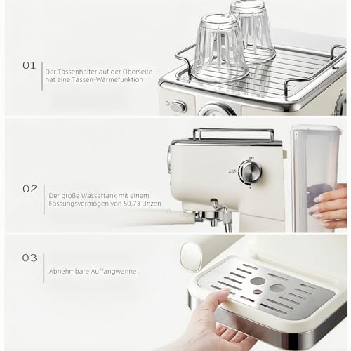 Kanbihao Espresso Siebträgermaschine Kaffeemaschine mit Milchaufschäumer, 1050W Halbautomatische Espressomaschine Kaffeeautomat für Mokka Latte Cappuccino Weiß – Bild 6