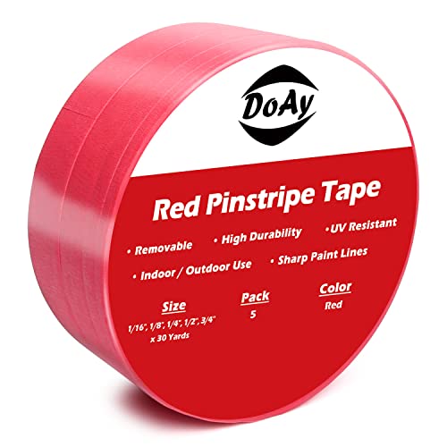 Doay 5 Rolls Pinstripe Tape - Masking Tape 1/16", 1/8", 1/4", 1/2", 3/4" - Thin Painters Masking Automotive Tape For Diy, Car, Auto, Paint, Art, Tumblers (Red) #TOP2