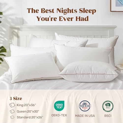 puredown® Goose Feathers and Down Pillows Queen Size Set of 2 - Made in USA Soft Fluffy Hotel Pillow, 100% Cotton Cover, Luxury Medium Firm Feather Pillows for Back, Stomach or Side Sleeper