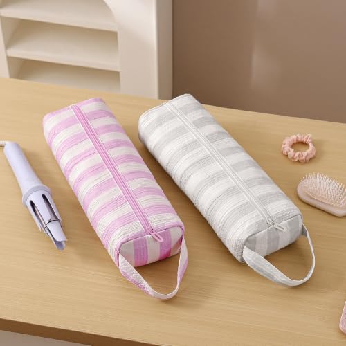 Image of RSRSLEII Striped Hair Tools Travel Bag,Hair Styling Accessories Storage Case for Shark FlexStyle,Dyson Airwrap Hair Dryer,Curling Iron,Straightener,Revlon Hair Tools,Portable&Foldable(20Gray&White)
