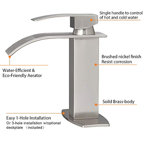 Hoimpro Waterfall Spout Brushed Nickel Bathroom Faucet,Single Handle Bathroom Vanity Sink Faucet, Rv Lavatory Vessel Faucet Basin Mixer Tap with Deck Plate, Lead Free Solid Brass (One or 3 Hole)