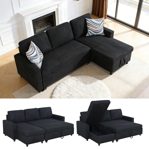 Trygoal Queen Sleeper Sofa, 83 Inch Convertible Sofa Bed with Storage, Modular Sectional Couch with Pull Out Bed, L Shaped 3 Seat Sectional Sleeper Sofa for Living Room, Apartment, Black