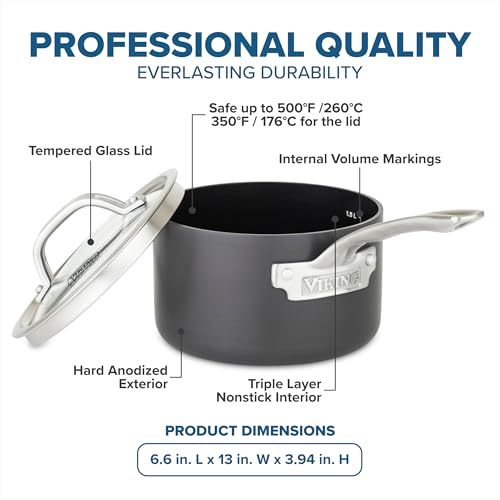 Viking Non Stick Sauce Pan with Glass Lid, 2 Quart Hard Anodized Nonstick Saucepan Cooking Pot, Dishwasher and Oven Safe, Induction Ready, Gray - Image 4