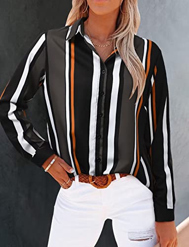 Magritta Womens V Neck Blouses For Work Professional Loose Fit Striped Color Block Collared Button Down Cuffed Roll Up Long Sleeve Shirts Tops X-Large #TOP3