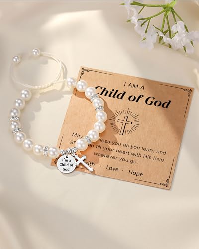 Image of Peal Cross Bracelet for Girls Daughter Granddughter Goddaughter Baptism Communion Confirmation Birthday Christmas Gifts