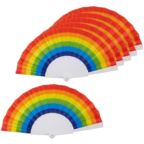 Abanicos de arcoíris - Paquete de 6- Suministros para Fiestas Rainbow - 24 cm x 3 cm x 2 cm