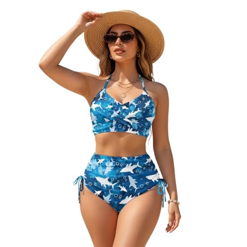 Kathyboom Blue Shark Women's String Two Piece Halter Bikini Set