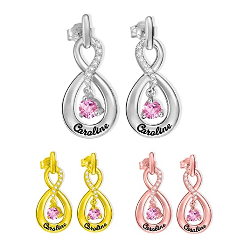 Boucles d'oreilles avec nom personnalisé en argent sterling avec pierre de naissance - Boucles d'oreilles personnalisables pour anniversaire, mariage, cadeau pour une demoiselle d'honneur, maman Cover
