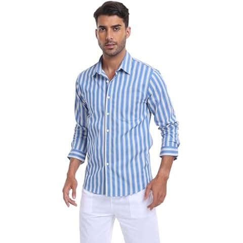 Cosonsen Men's Striped Shirts Casual Long Sleeve Button Down Shirt Casual Business Dress Shirt Blue S Cover
