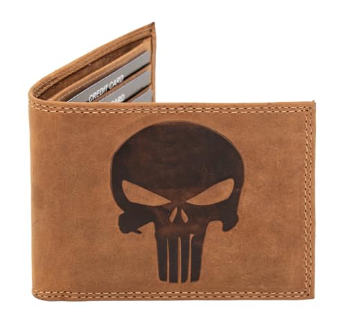 Skull Bifold Genuine Leather Brown Men's Wallet, Skeleton wallet Punisher